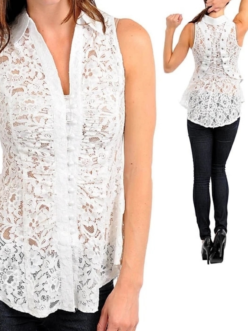 Sleeveless White Lace Button-Front Top Lace-Up Back New Small - Picture 2 of 9